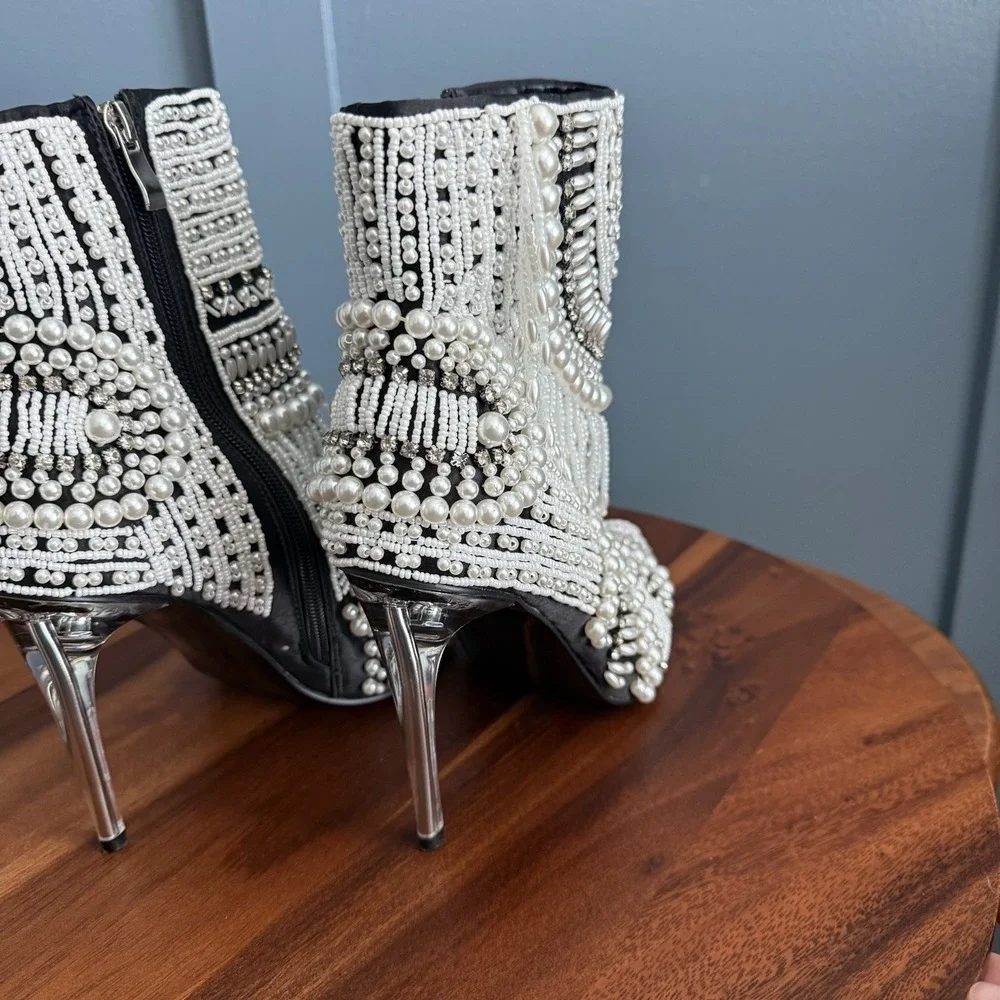 Azalea Wang Pearl Booties Women's 8.5 Stiletto Rhinestone Maximalist Bridal